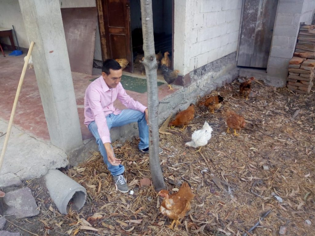 Jose taking care of his chickens